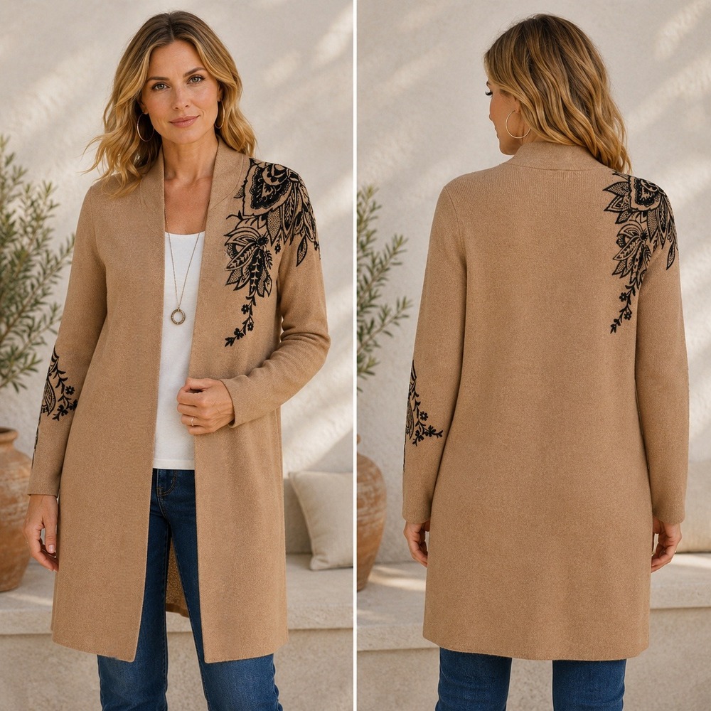 Chico's Embroidered Long Sleeve Open Front Cardigan Tan Black Floral Size 0 XS
